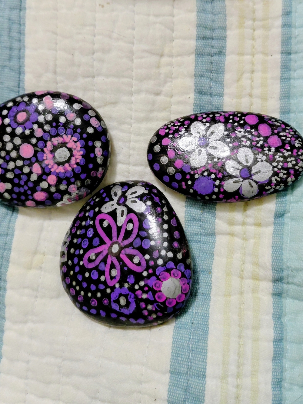 Hand-Painted Floral Accent Stones in Black and Purple - Decorative Home Accents